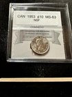 1953  NSF;  Coin Mart Graded Canadian Ten ¢10 Cent**MS-63**