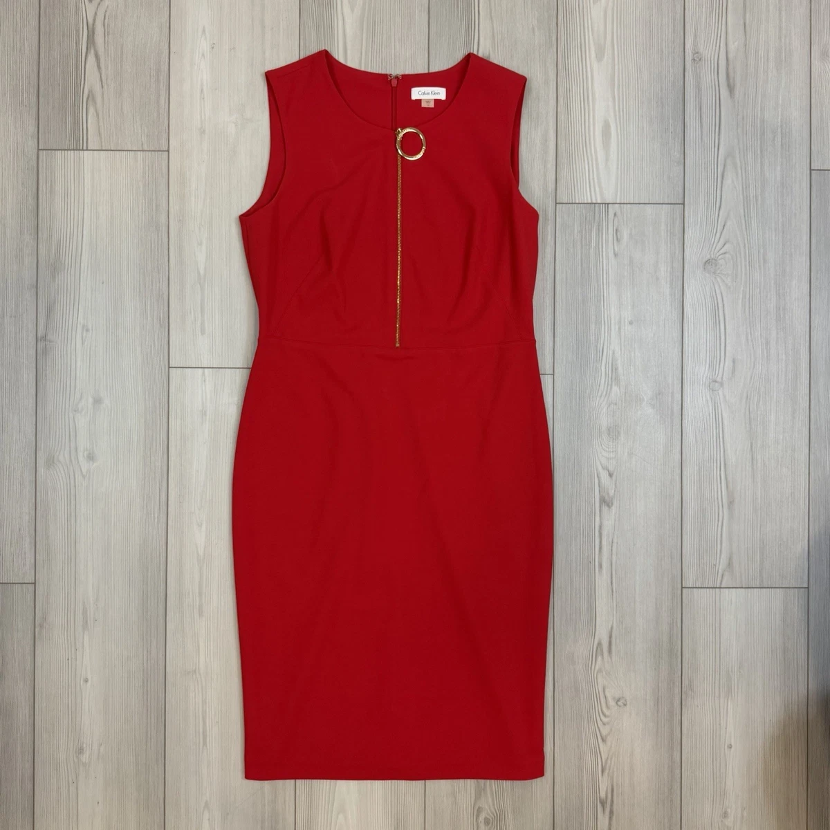 Belted Dress Calvin Klein Red Dress Gold Zipper Calvin Klein Red Dresses  For Women For Sale