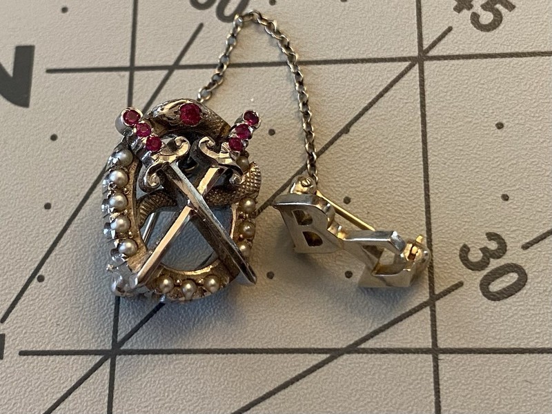 Theta Chi Fraternity Pin Badge with Rubies, Pearls And Beta Sigma Chapter Guard