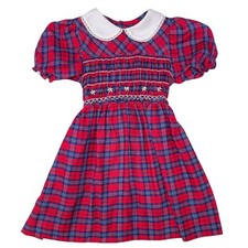 Vintage Winnie the Pooh Girls Plaid Floral Embroidered Collared Smocked Dress 4T