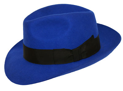 Ladies Royal Blue 100%Wool Hand Made Wider Brim Felt Fedora Trilby Hat With  Band UK