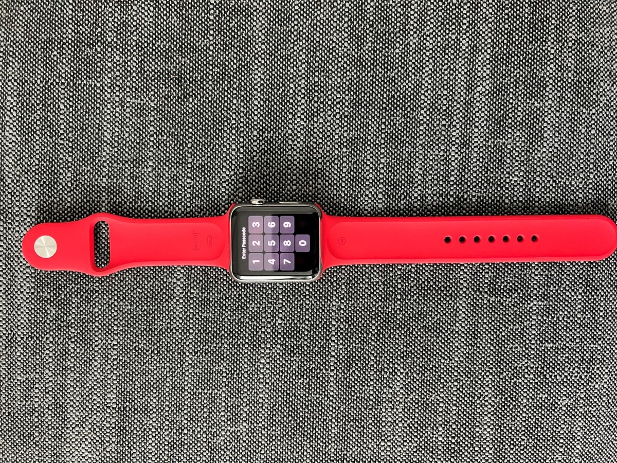Apple Watch 42mm Stainless Steel Case Red Sport Band - NJ3U2LL/A