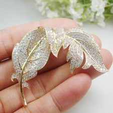 Woman's Clear Zircon Crystal Flower Leaf Gold Tone Brooch Pin Fashion Accessorie