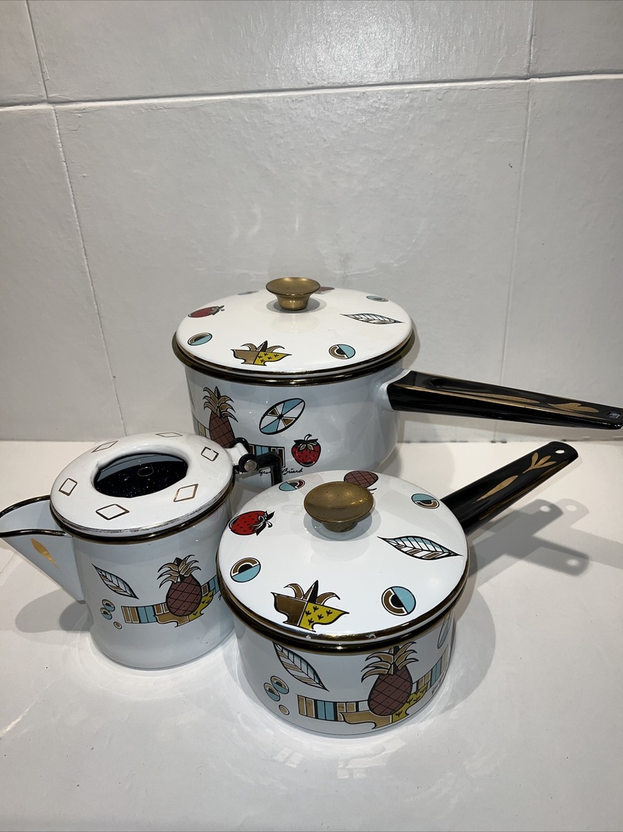 lot of Vintage Enamelware Covered Saucepan teapot GEORGES BRIARD  pineapple ￼