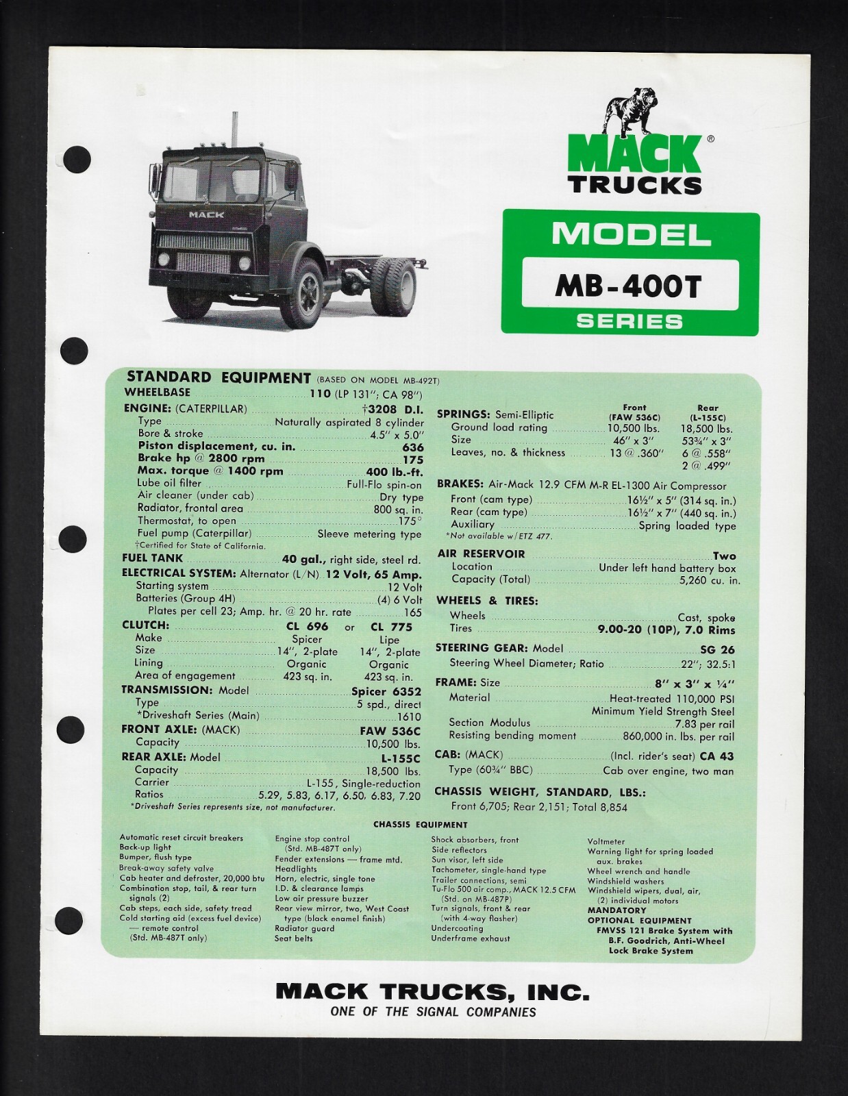 MACK TRUCKS MB-400T SERIES 4 PAGE SPECIFICATIONS BROCHURE 11/75