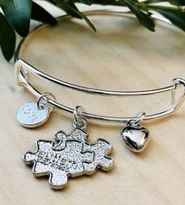 Autism Awareness Puzzle Shape  Love  Heart Expandable Charm Bangle Bracelet