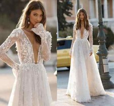 Sexy Deep V Neck Wedding Dresses Boho 3D Flora Lace Appliques Beach Bridal Gown