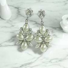 Large Dangle Pearl Flower Earrings with Crystals   Elegant Post Back Earrings