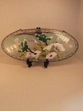 Vintage Oval Stained Glass Hummingbird Sun-Catcher Oblong Flowers Metal READ