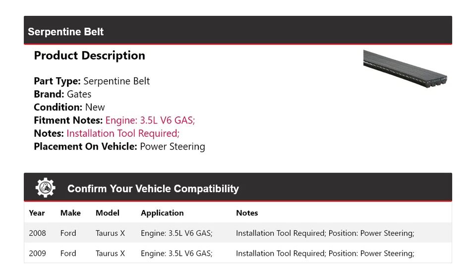 Correa serpentina de gas para puertas de dirección asistida Ford Taurus X 2008-2009 3,5 L V6 Foto 2 de 4