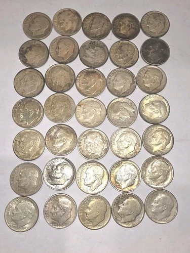 SILVER ROOSEVELT DIMES 1946-1964 LOT OF 35 UNC TO EF CONDITION SOME WITH TONING