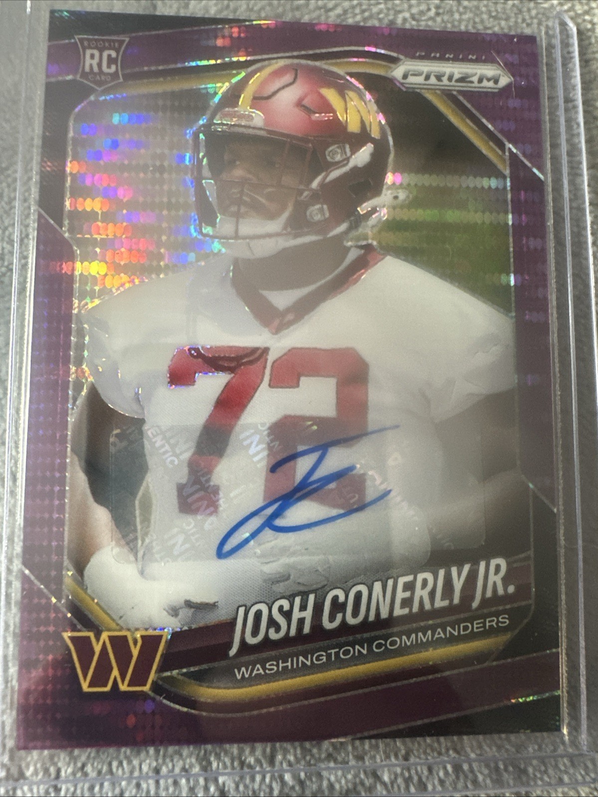 2025 Panini Prizm Josh Conerly Jr. Purple Disco Prizm Rookie Autograph (#382).