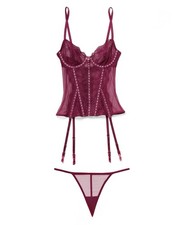 Adore Me Sherry Bustier Lingerie Womens Sz 32B Red Lace Push-Up Corset Panty