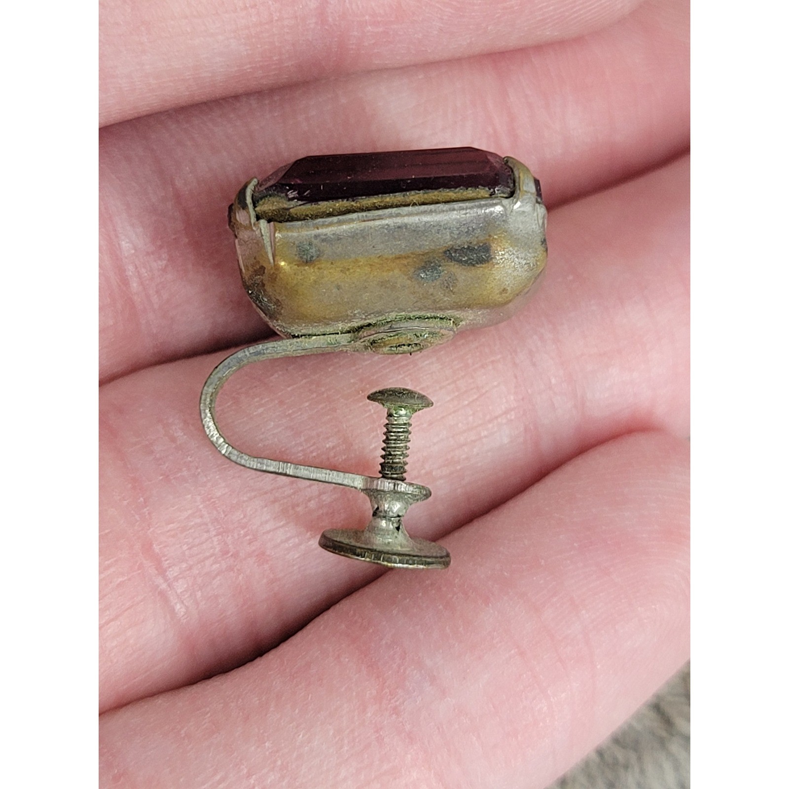 Vintage Rectangular Amethyst Gem Screw Back Earri… - image 4