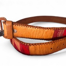 VTG Guatemala Belt Women Medium Folk Art Leather Colorful Woven Cotton Flaws