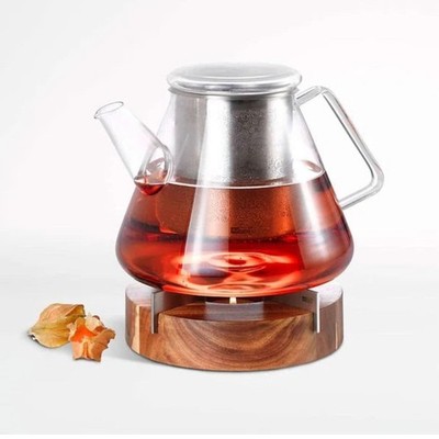 AdHoc Orient+ Glass Teapot, Tuto Warmer Set, 50oz, Acacia Wood