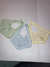 3 Vintage hand crocheted baby Doll Bibs Yellow Blue Green Great Shape