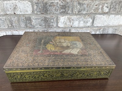 Vintage ~Verkade Tin Box~Hinged Lid Picture Of Boat Book Candelabra 12 x9 x2 