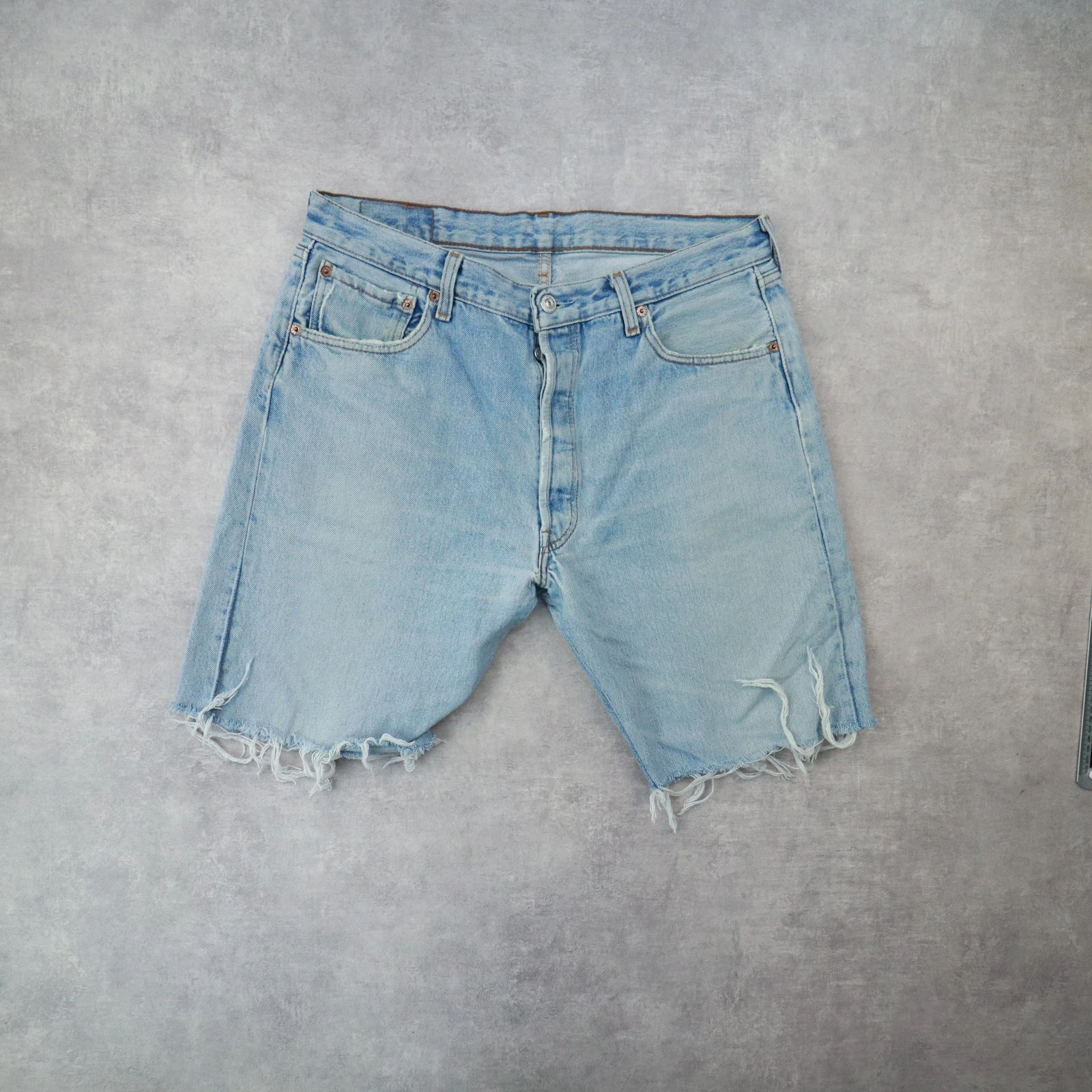 Levi's 501 Denim Jorts Cut off Shorts Men's 36 Distressed Button Fly, Blue