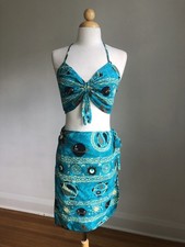 STUNNING VTG Blue Celestial Print Rayon 2pc Halter Top Wrap Skirt Beachwear SZ M