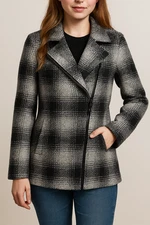 Anthropologie Pim + Larkin Plaid Wool Coat XS Black White Asymmetrical Jacket