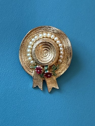 CINER Sun Bonnet Hat Brooch - Enamel Flowers Small Pearls Gold Tone