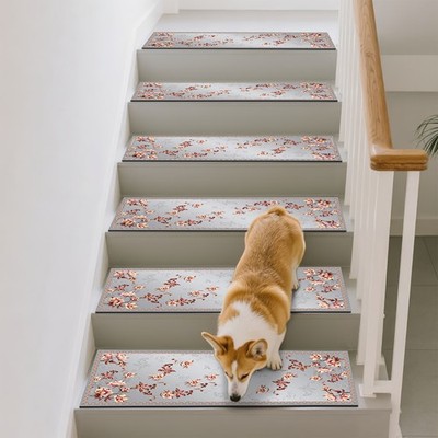15pcs of Floral Patterned Printed Stair Mats, Non-Slip Stair Carpets, Protecti