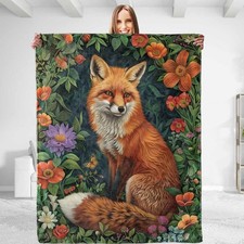 Flower Fox Throw Blanket Soft Plush Lightweight Warm Fuzzy Flannel 50x60 Inch