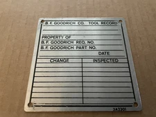 Vintage B.F. GOODRICH Tire Co Aluminum Metal Sign Tag TOOL RECORD Akron OH #7