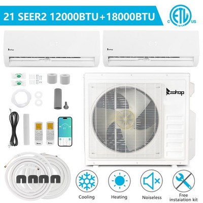 27000 BTU 2 Zone AC Ductless Mini Split Air Conditioner and Heat Pump (12K+18K)