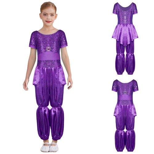 Kids Girls Arabian Costumes Outfits Round Neck Short Sleeve Elastic Long Pants - Picture 20 of 51
