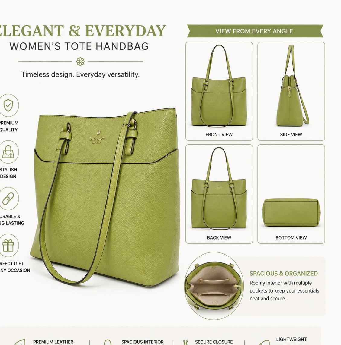 kate spade new york Women’s Green Tote Handbag, Zip Top, Lined, Inner Pockets