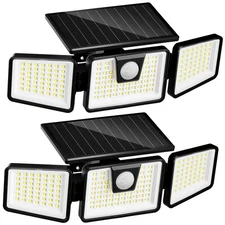 3000 LM Solar Motion Sensor Lights 3 Heads Outdoor Security Flood Light 2 Pack