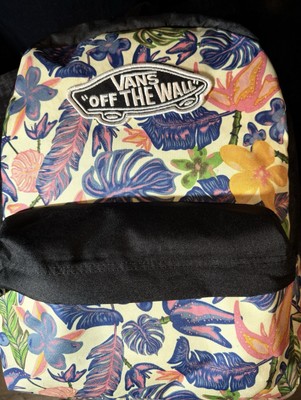 Rare VANS Off the Wall Black Backpack Tropical Palm Floral Print Logo Patch