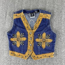 Vintage Valencia Denim Vest Women  s L Embroidered Cross Western Boho