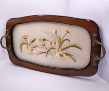Vintage Wooden Serving Tray Floral Embroidery Brass Handles Retro Tea Tray