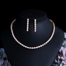 Gold Plated Oval CZ Costume Necklace Earrings Set Bridesmaid Jewelry Accessories