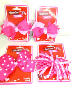 4 HAIR CLIPS BOW curled ribbon Pink Polka dot XOXO's Cute Dress up Cheer Holiday