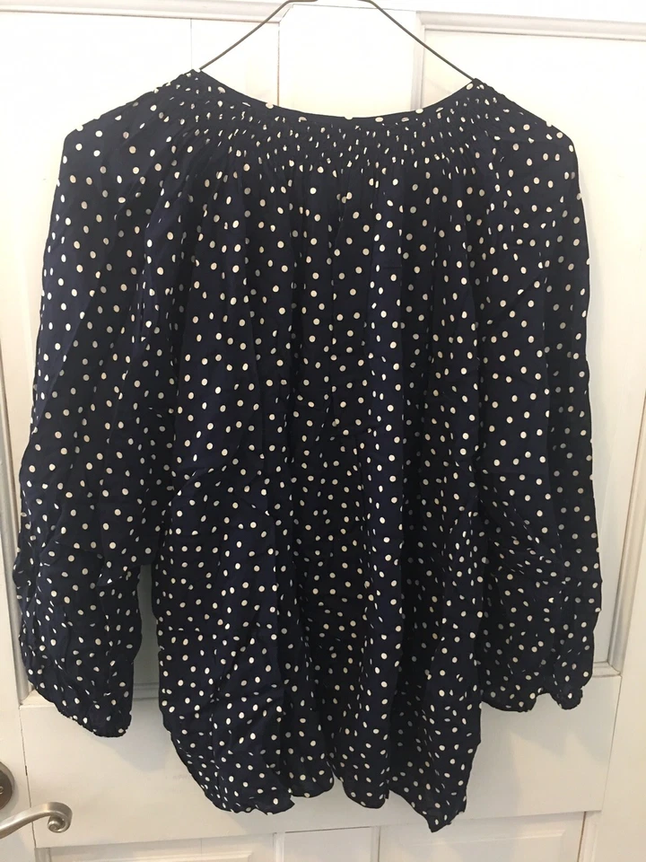 Блузка-такер - большой размер - темно-синяя с узором цвета слоновой кости горошек - Изображение 2 из 4