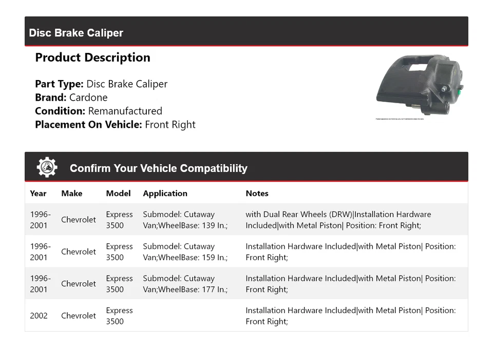 Pinça de freio a disco dianteira direita Cardone 1997 Chevrolet Express 3500 1996-2002 - Imagem 2 de 4