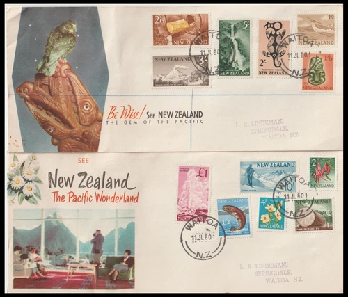 NEW ZEALAND 1960 PICTORIALS ILLUSTRATED FDC DUO TO £1 (F) *WAITOA*