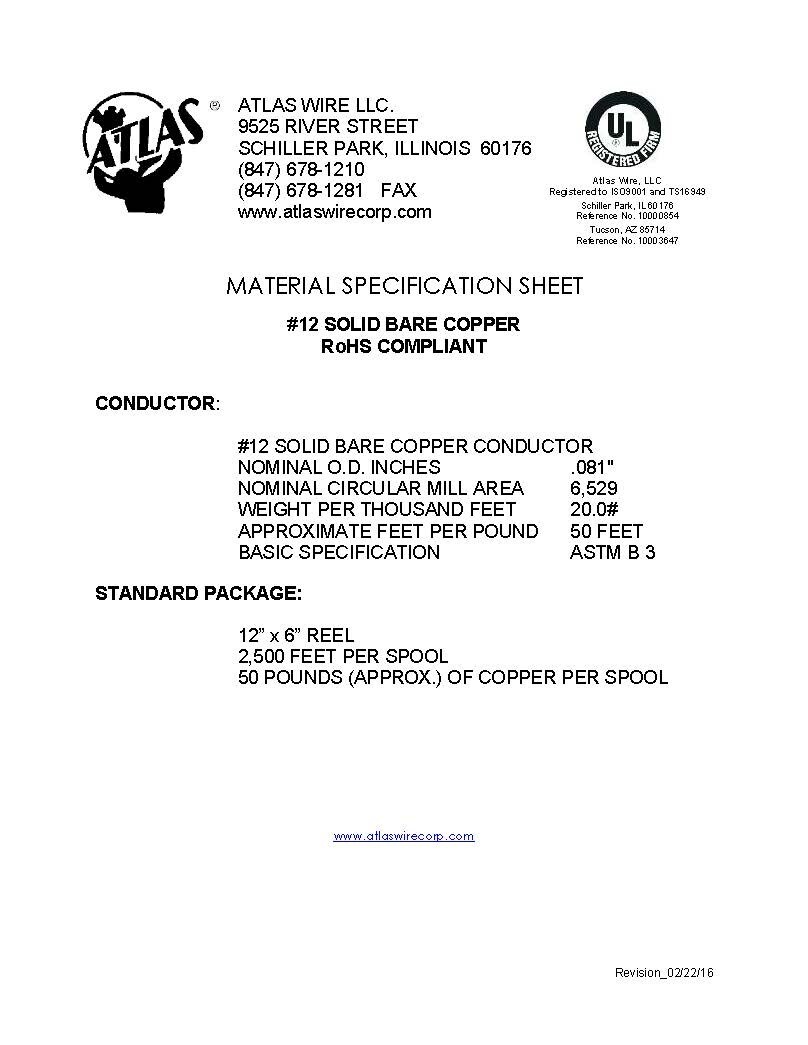 Atlas Wire #12awg Solid Bare Copper Grounding Bonding Wire Un-Insulated /50ft
