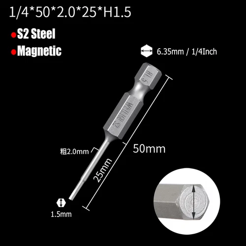 H0.9 to H14 Hexagon Magnetic Bit Socket Wrenches S2 Steel 1/4" for Hexagon Bolts - Picture 13 of 30