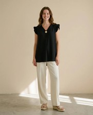 Blue Vanilla Womens Black Gold Button Detail Frill Top