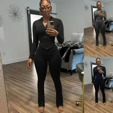 Womens 2pcs Outfits Suit Zipper Long Sleeved Sweatshirt Sports Fitness Suit Sets