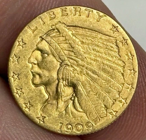 1909 Indian Head Gold Quarter Eagle, $2.50 Problem-Free  .US. Coin Almost UNC vs