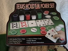 Cardinal Texas Hold'em Poker set!   Chips and deck of Cards in Metal Tin