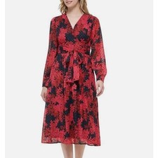 Tommy Hilfiger Size 6 Dress Red Black Floral Knee Length Long Sleeve V Neck Midi