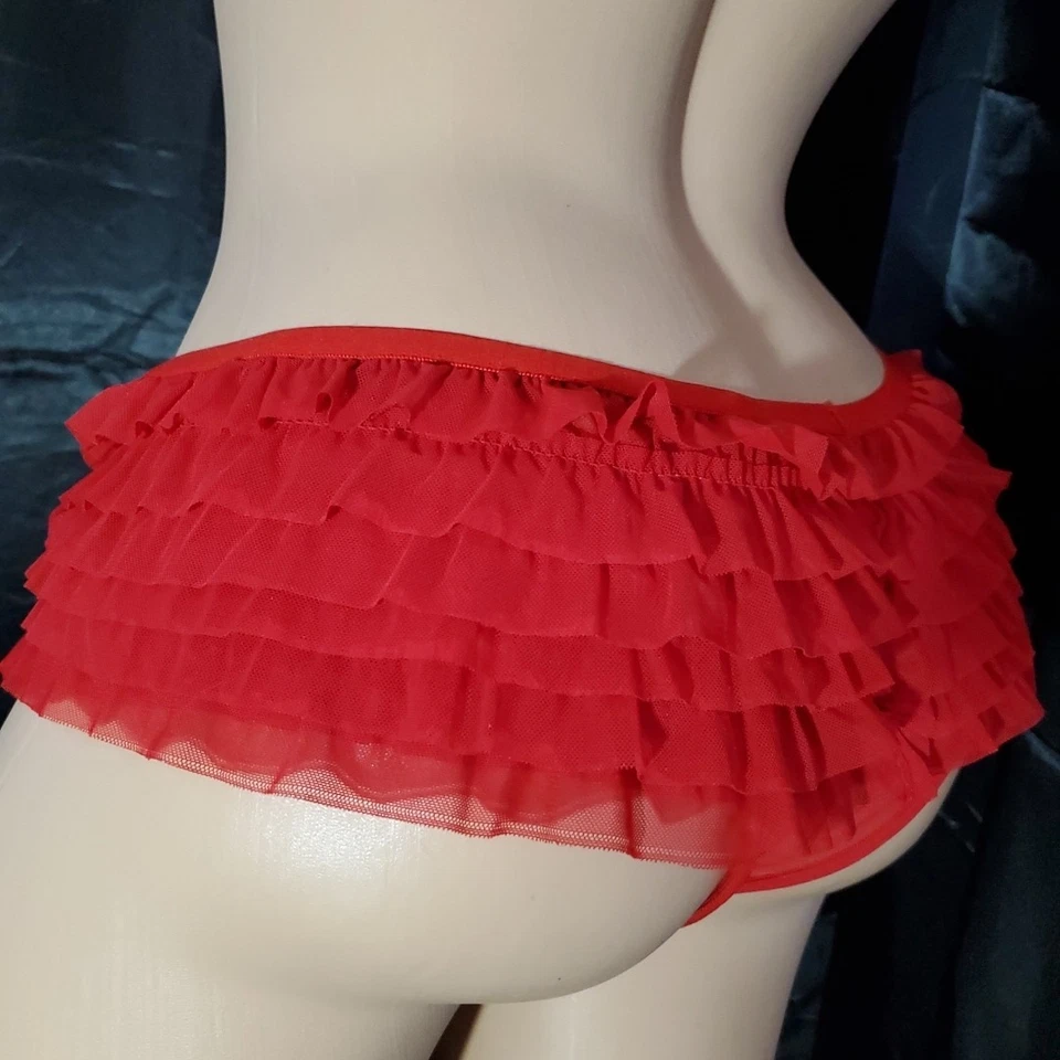 Panty Rojo Hiphugger Elástico CHIFÓN SATINADO Coquet Volantes Bloomer Bow GRANDE/XL Foto 2 de 4