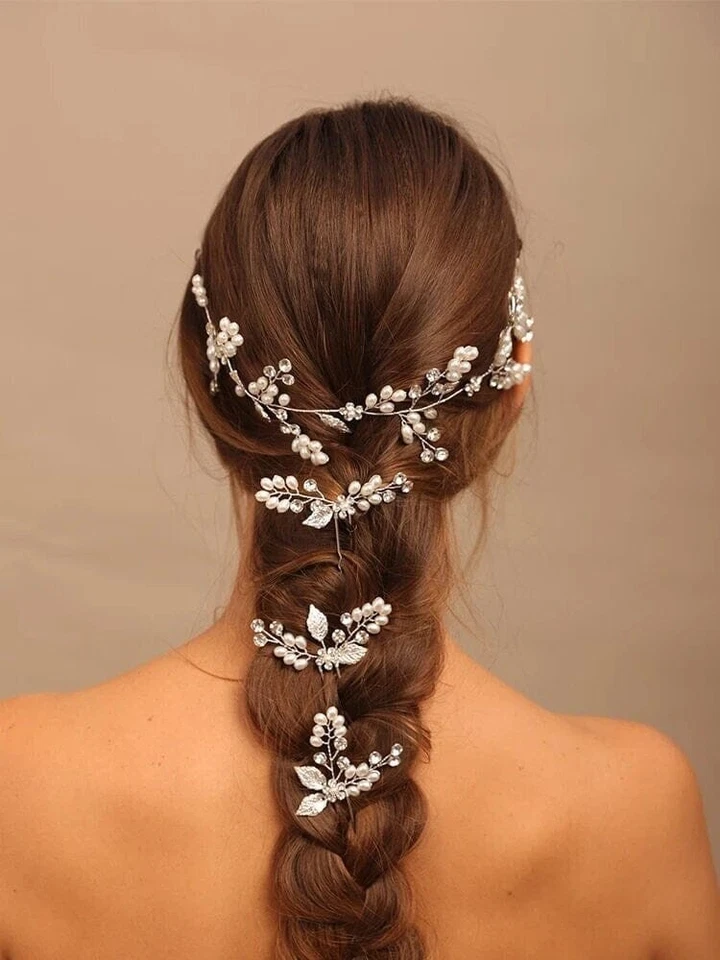 Wedding 4 PC Pearl Hair Vine and Hairpin Set, Wire Headband & 3 Bridal Hairpins - Image 2 of 4